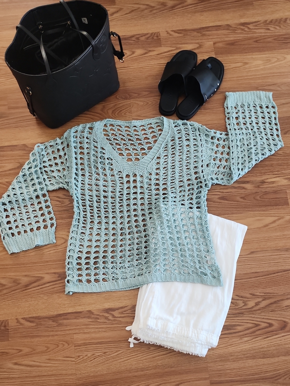 Light Green Open-Knit V-Neck Sweater